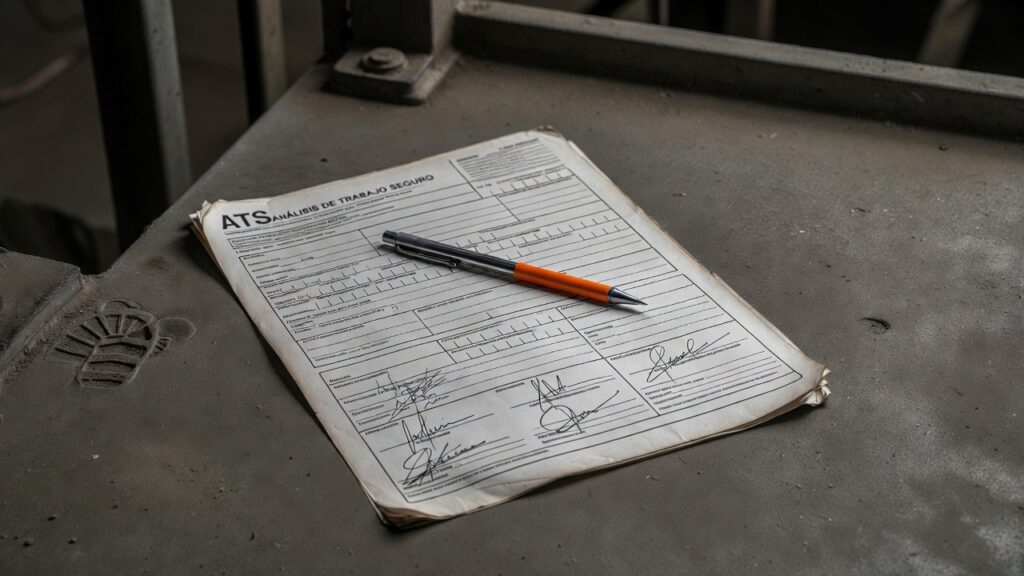 Formulario de Análisis de Trabajo Seguro ATS completado y firmado sobre superficie industrial, protocolo obligatorio en trabajos de altura en Chile