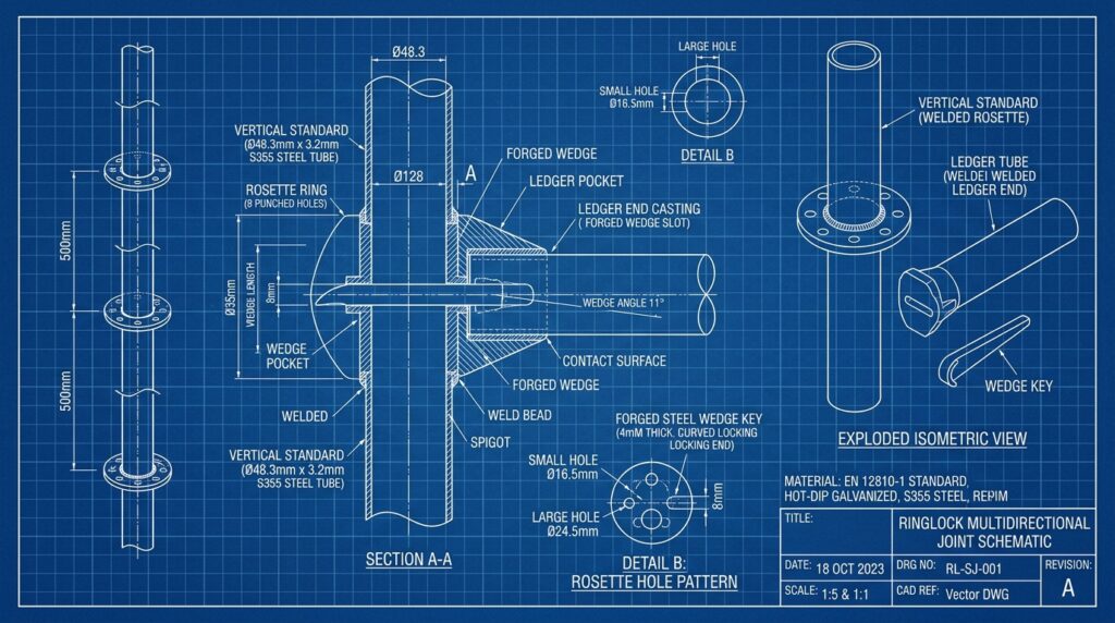 Esquema tecnico blueprint de roseta Ringlock y sistema de fijacion por cuna para andamio multidireccional