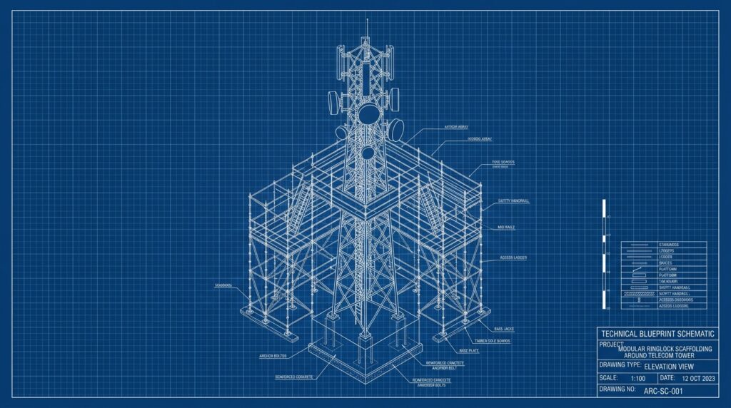 Plano blueprint de montaje de andamio multidireccional en torre de telecomunicaciones Chile