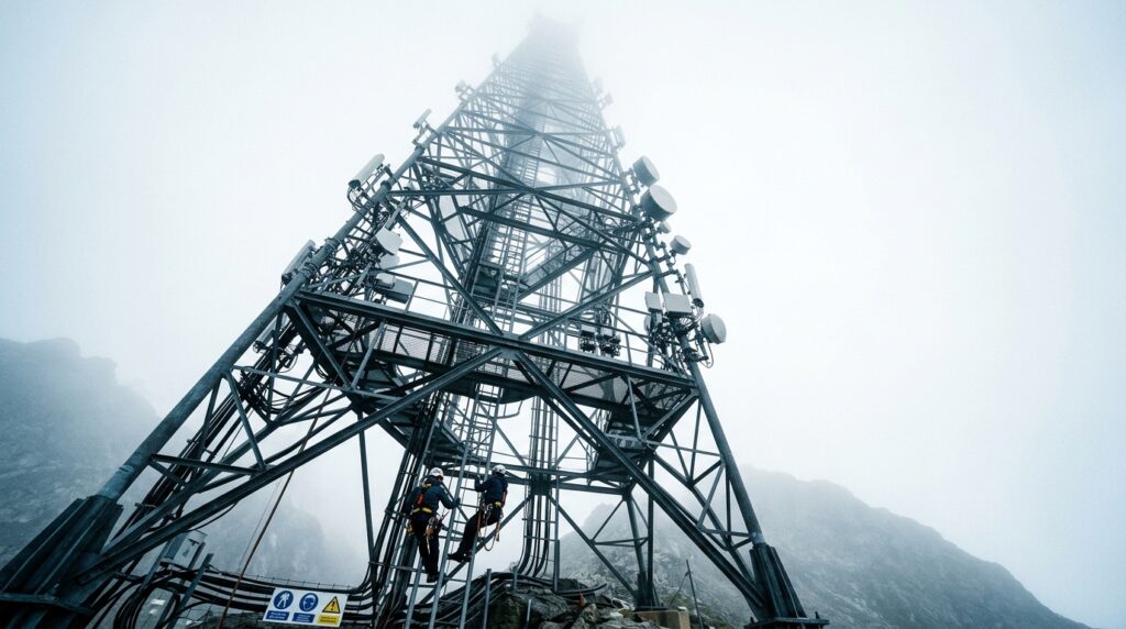 Roseta de andamio multidireccional ringlock en torre de telecomunicaciones en Chile